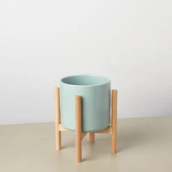 Cylinder Planter With Wood Stand - 5" Pot -House Plant Shop CylinderPlanterwithWoodStandAqua